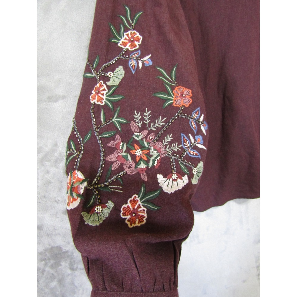 J. Jill Blouse Womens Large Burgundy Excellent Embroidered Beaded Linen Blend - Picture 5 of 13